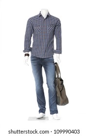 Full Length Male Mannequin Dressed In Cotton Plaid Shirt With Bag