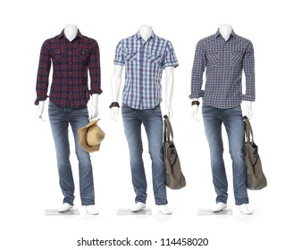 Full Length Male Three Mannequin Dressed In Jeans With Bag And Hat