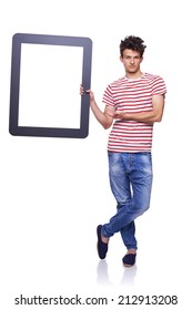 Full length man holding empty frame - copy space for text, over white background - Shutterstock ID 212913208