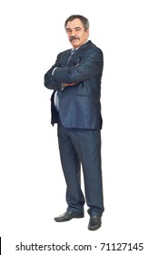 Full Length Of Mature Elegant Business Man Standing With Arms Folded Isolated On White Background