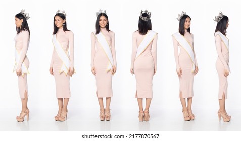 Full Length Of Miss Beauty Pageant Contest Wear Pastel Pink Evening Sequin Gown With Diamond Crown Sash, Asian Female Stand Express Feeling Happy Smile Over White Background Isolated