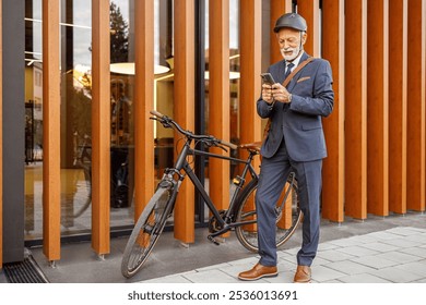 Full length of old businessman texting over smartphone while standing with bicycle by modern building - Powered by Shutterstock