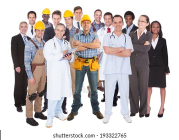Full length of people with different occupations standing against white background