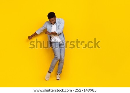 Full length photo of active dynamic guy dance on rock concert disco isolated vibrant color background
