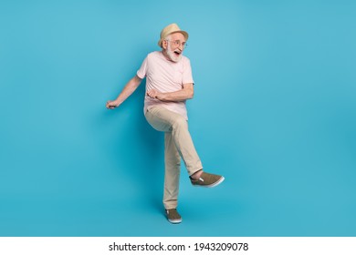 Full Length Photo Of Aged Man Pensioner Happy Positive Smile Excited Have Fun Dance Isolated Over Blue Color Background