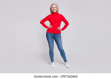 Full Length Photo Of Cheerful Senior Woman Happy Positive Smile Confident Isolated Over Grey Color Background