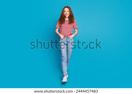 Image, Stock Photo Young woman in striped blouse smiling in urban setting