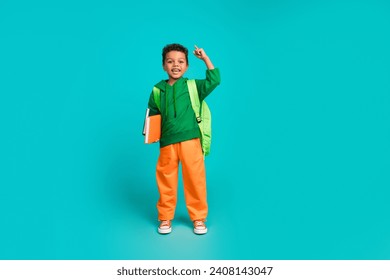 Full length photo of clever genius schoolboy dressed green pullover backpack hold book raising finger up isolated on teal color background - Powered by Shutterstock