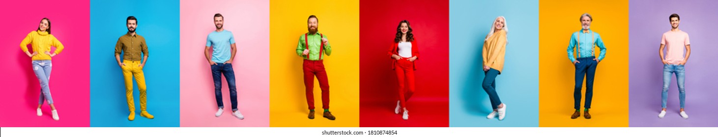 Full length photo collage amazing three ladies five guys hold hand pockets stylish youth cool wear multiple body view video call isolated different color pink red blue yellow purple background