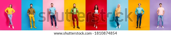 Full length photo collage amazing three ladies\
five guys hold hand pockets stylish youth cool wear multiple body\
view video call isolated different color pink red blue yellow\
purple background