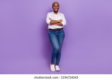 Full length photo of confident charming woman dressed smart casual arms crossed isolated violet color background - Shutterstock ID 2196724243