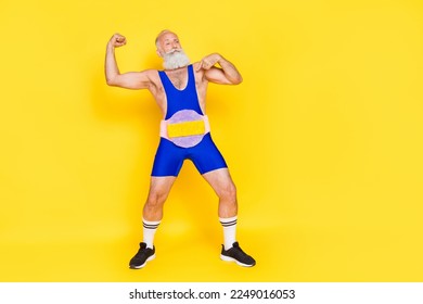 Full length photo of confident narcissistic person arm flex biceps point finger self isolated on yellow color background