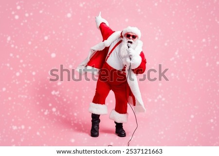Full length photo crazy north-pole celebrity grey beard santa claus big belly sing song mic christmas x-mas eve wear suspenders sunglass stylish cap boots isolated pastel color background