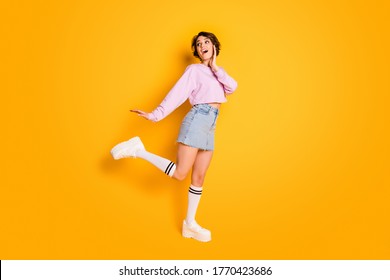 Full length photo of excited cute sweet pretty teen have spring walk look good copyspace impressed she see her friend touch hand face wear jumper isolated over vivid color background