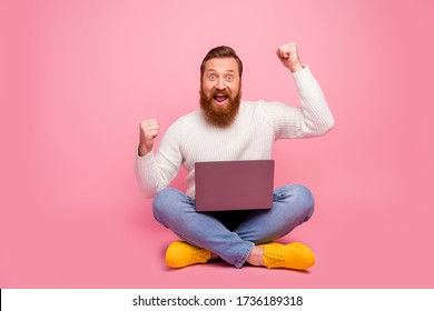 Full length photo excited delighted guy sit floor legs crossed folded work computer celebrate online lottery win raise fists scream yes wear white jumper jeans isolated pastel color background
