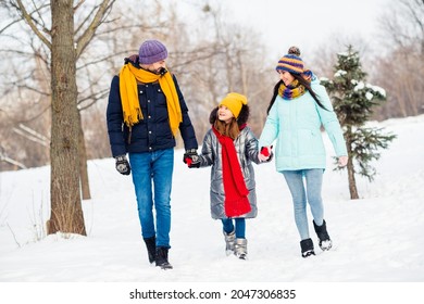 Full length photo of family mommy daddy daughter walk park winter snowy day hold hands happy positive smile