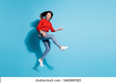 Full Length Photo Of Funky Crazy Lady Jump Flight Play Imaginary Guitar Musician Isolated Blue Color Background