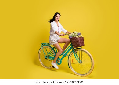 Full Length Photo Of Happy Charming Lady Ride Bicycle Summer Mood Isolated On Yellow Color Background