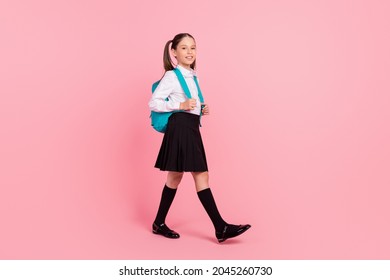 Full Length Photo Of Happy Positive Young Girl Walk Good Mood School Wear Bag Isolated On Pink Color Background