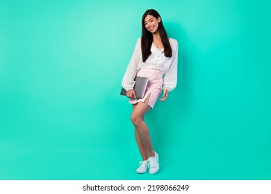 Full Length Photo Of Lovely Marketer Lady Boss Hold Netbook Isolated On Aquamarine Color Background