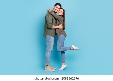 Full length photo of married couple lady cuddle guy soulmate isolated over sky light color background - Shutterstock ID 2091362596