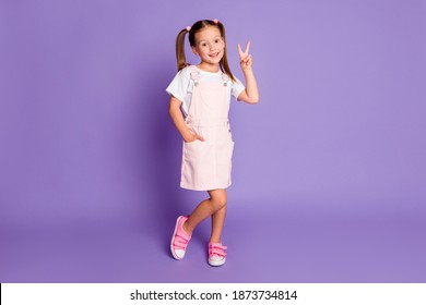 Full length photo of nice pretty schoolgirl make v-sign good mood isolated on purple color background