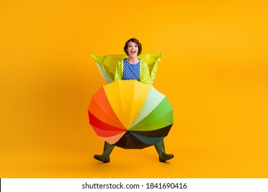 Full Length Photo Portrait Of Cheerful Girl Getting Blown Away With Rainbow Umbrella Isolated On Bright Yellow Colored Background