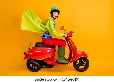 Full length photo portrait of excited girl riding bike isolated on bright yellow colored background