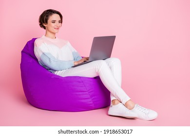 Full length photo portrait of woman working on laptop sitting in violet beanbag chair isolated on pastel pink colored background