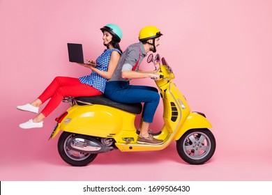 Full Length Photo Of Positive Cheerful Two People Bikers Drive Yellow Chopper Woman Sit Backside Browse Internet Navigate Route Isolated Over Pastel Color Background