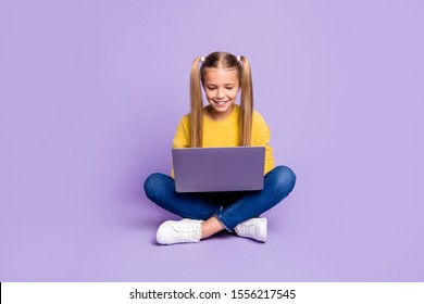 Full length photo of positive interested kid sit legs crossed folded work her laptop read social media news wear casual style clothing isolated over violet color background