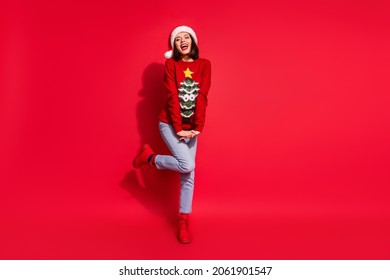 Full length photo of positive lady enjoy newyear eve masquerade wear design tree sweater isolated over red color background
