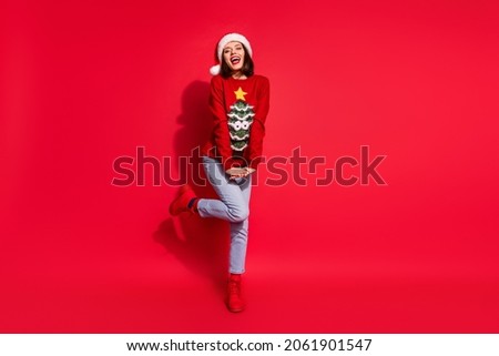 Full length photo of positive lady enjoy newyear eve masquerade wear design tree sweater isolated over red color background
