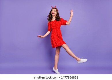 Full length photo of pretty lady ready to start party wear off-shoulders dress isolated purple background