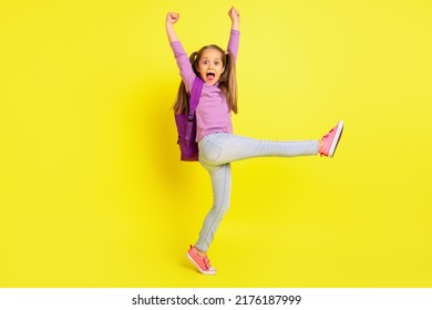 Full length photo of shocked positive school kid fists up enjoy shopping bargain market isolated shine color background