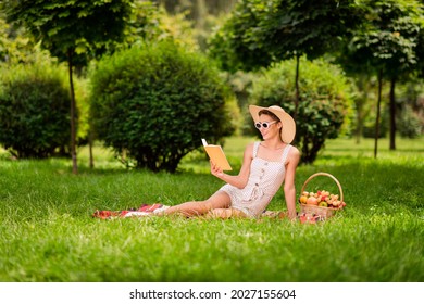 Full length photo of young adorable happy positive woman lie grass blanket read book outside outdoors park