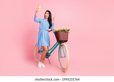 Full length photo of young girl happy positive smile shoot selfie cellphone show okay cool sign isolated over pastel color background