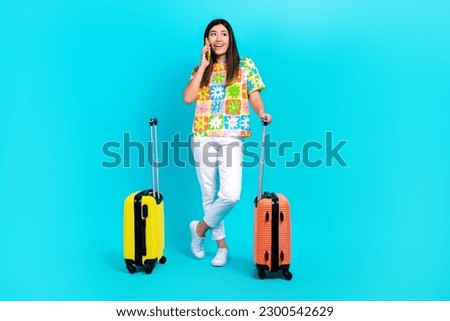 Full length photo of young girl no payment free tariff viber call smartphone tourist look mockup isolated on aquamarine color background