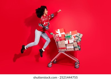 Full length photo of young lady jump excited push shopping gift cart dressed christmas garment celebrate winter holidays on red background - Powered by Shutterstock