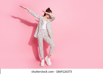 Full Length Photo Of Young Woman Dance Make Dab Move Enjoy Party Isolated Over Pastel Color Background