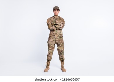 Full length photo of young woman confident crossed hands soldier officer army camouflage uniform isolated over white color background