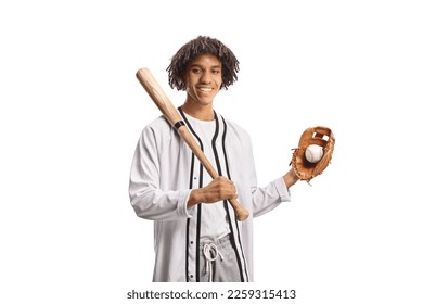 Full length portrait of an african american baseball player with a bat, glove and ball isolated on white background - Powered by Shutterstock