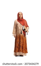 Full Length Portrait Of An Arab Woman In A Hijab Standing And Holding Books Isolated On White Background