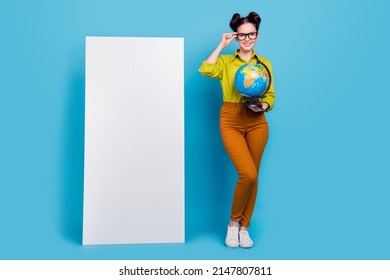 Full Length Portrait Of Attractive Lady Hold Globe Empty Space Huge Phone Isolated On Blue Color Background