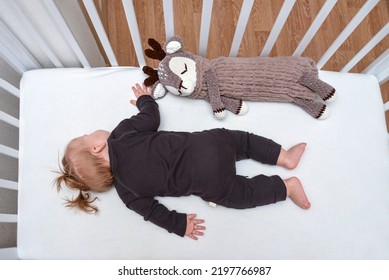 Full Length Portrait Of A Baby Sleeping Peacefully On His Stomach In A Brown Sleepsuit With A Soft Toy In The Crib.