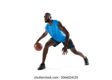 Full length portrait of a basketball player with a ball isolated on white studio background. advertising concept. Fit african american athlete jumping with ball. Motion, activity, movement concepts. - Powered by Shutterstock