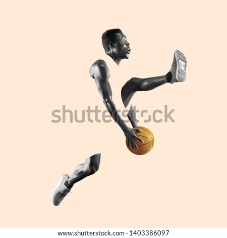 Full length portrait of a basketball player with a ball isolated on studio background. Fit african american athlete. Motion, activity, movement, advertising concept. Abstract design.