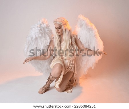Full length portrait of beautiful blonde woman wearing a fantasy goddess toga costume with feathered angel wings.
 isolated on white studio background