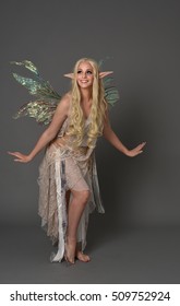full length portrait of a beautiful fairy girl with long blonde hair, pointy ears and wings. seated pose against a grey background.