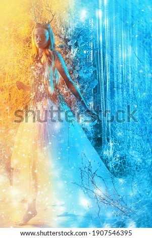 Full length portrait of a beautiful forest nymph walking through a magical forest. Fairy world.